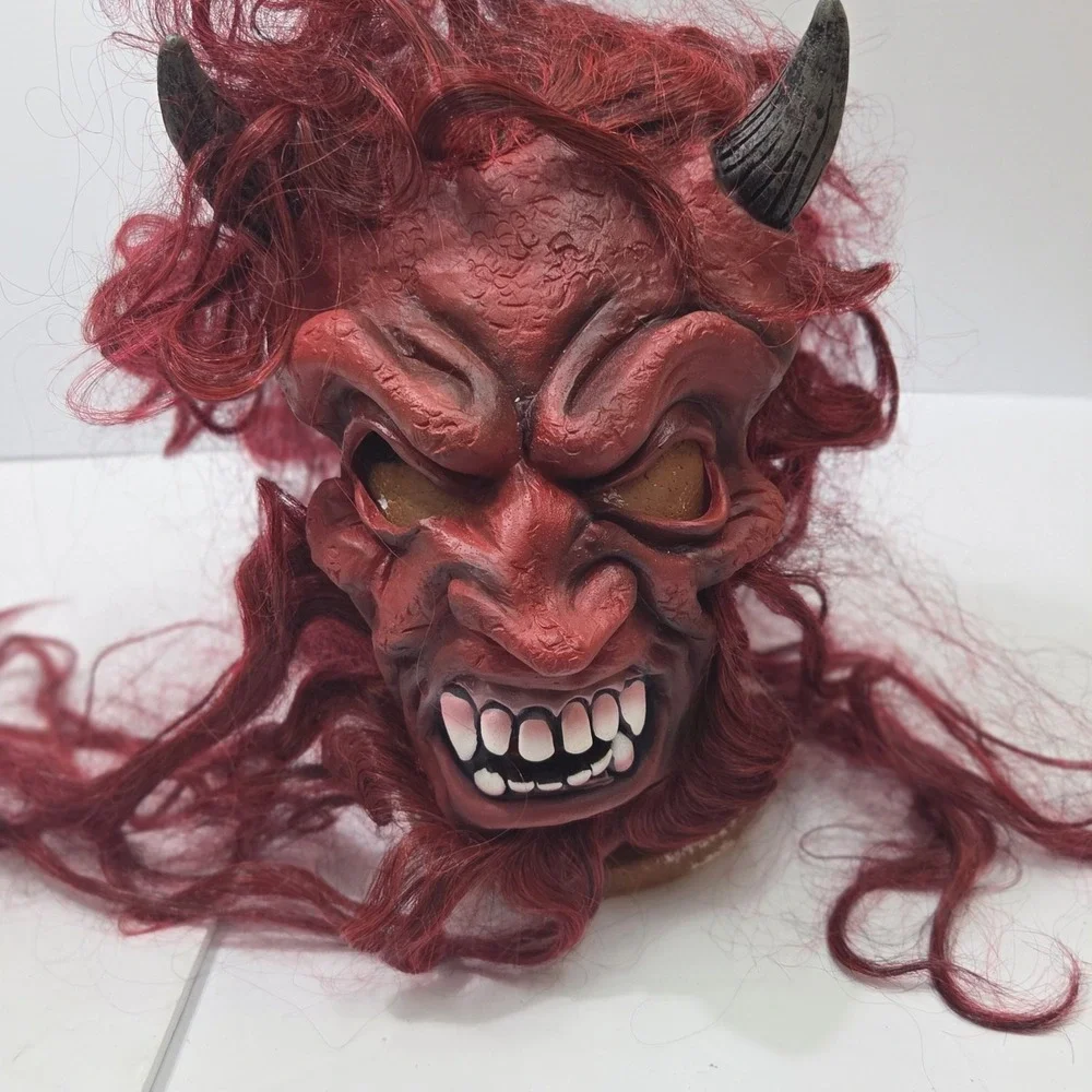 Target Red Devil Monster Mask Horns Hair Satan Demon Latex Halloween Prop Vtg
